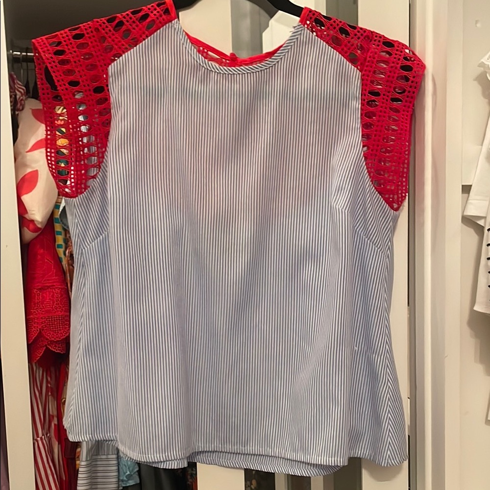 Red and Blue Striped Top with Crochet Sleeves